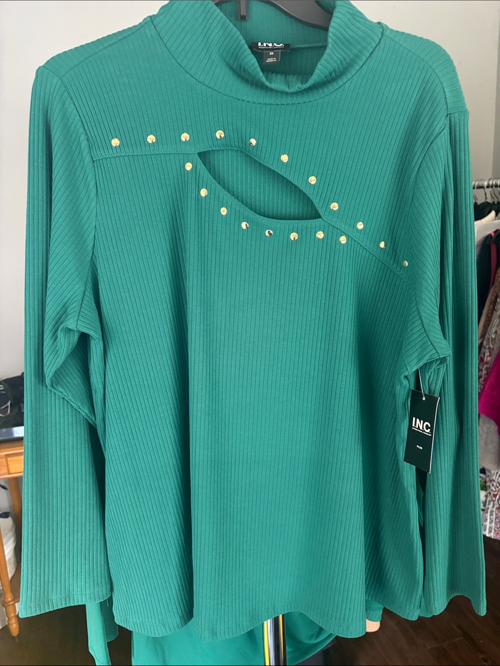 INC International Concepts Teal Ribbed Long Sleeve Top with Gold Studs